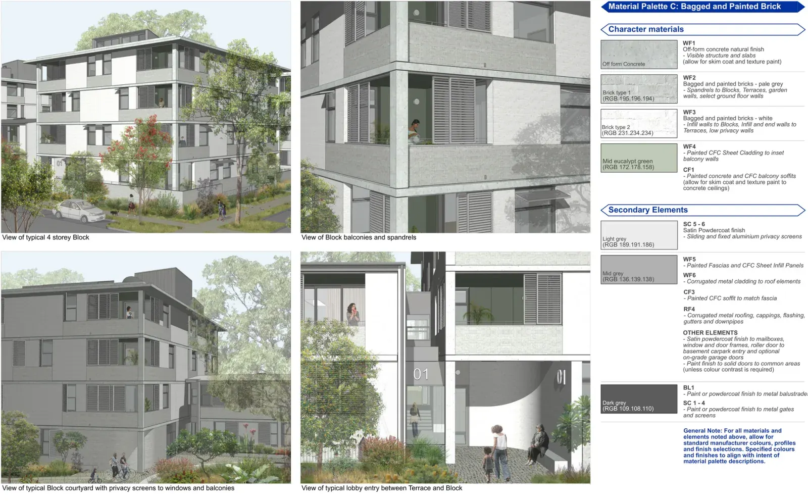 Material Palette C for Large Lot Apartments 02, rendered on the four storey block, using pale bagged and painted brick with natural off form concrete, pale grey fibre cement and dark grey metal