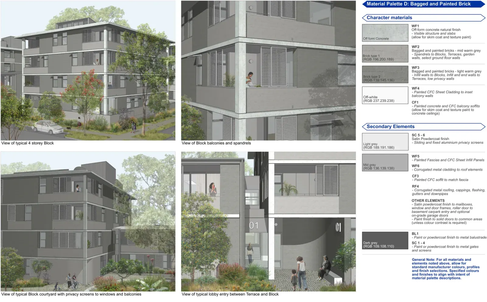 Material Palette D for Large Lot Apartments 02, rendered on the four storey block, using warm grey bagged and painted brick with natural off form concrete, pale grey fibre cement and dark grey metal