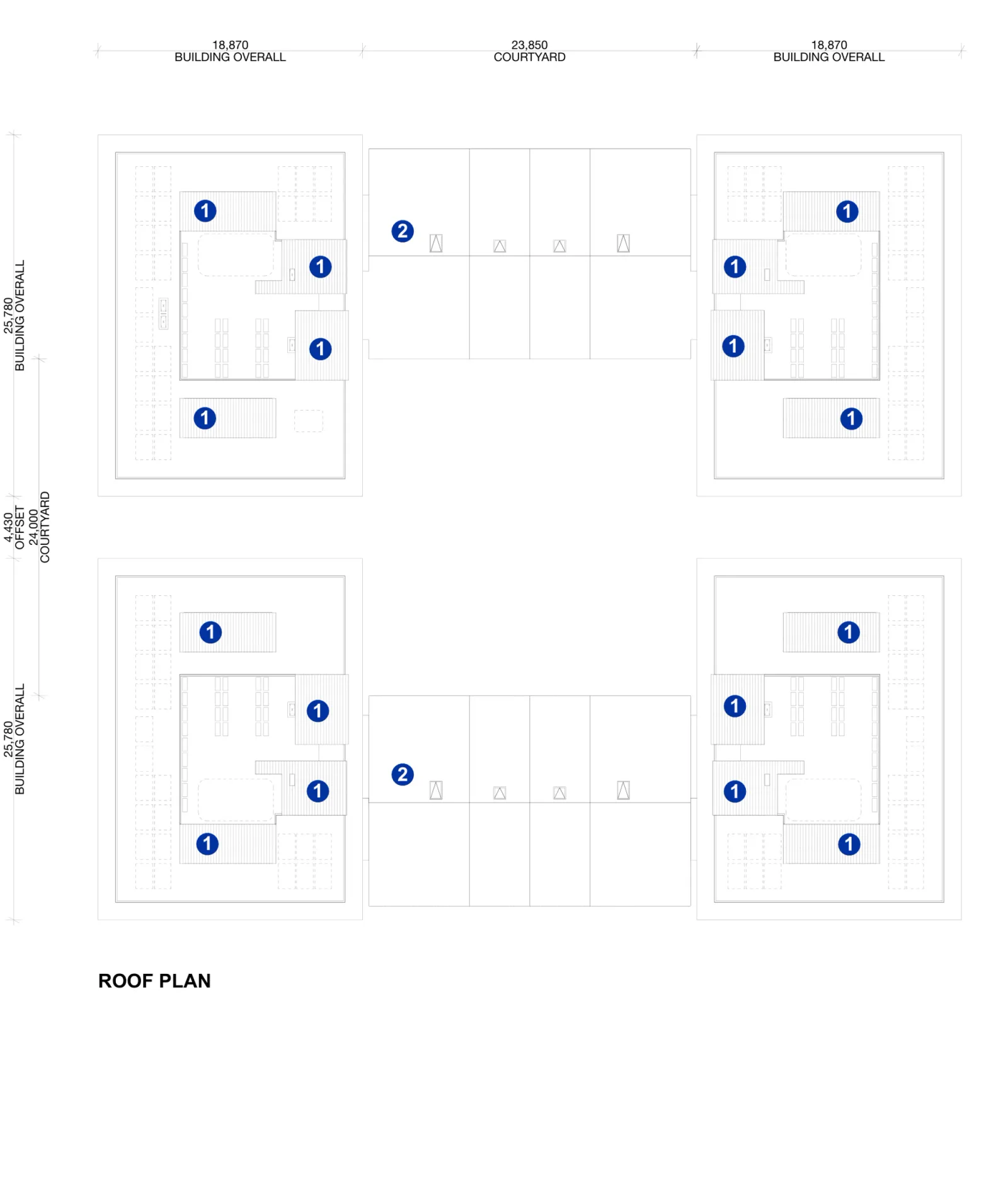 Roof plan of Large Lot Apartments 02 showing the four cluster roof arrangement, service enclosures, plant zones and open courtyard roofs