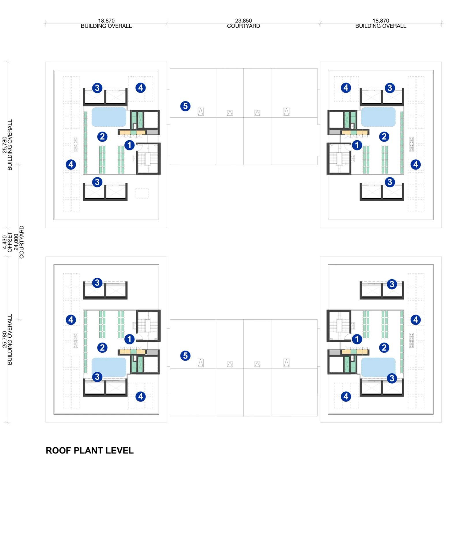 Roof plant level of Large Lot Apartments 02 showing the four cluster arrangement, screened plant, lifts, stairs, service zones and open courtyard roofs