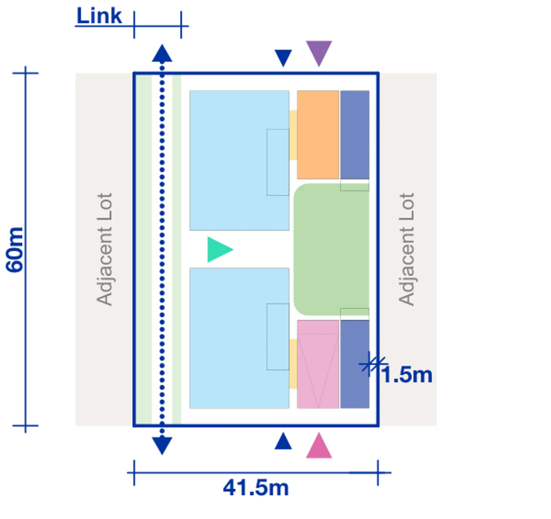 Large Lot Apartments 02 drawn as a four storey Rotation 1 half pattern on a mid block of 41.5 by 60 metres, showing apartment blocks, terrace modules, courtyards, entries and the public link