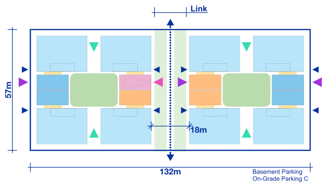 Large Lot Apartments 02 drawn as a four storey Rotation 2 double pattern across a full block of 132 by 57 metres, showing paired apartment blocks, terrace rows, two courtyards and the public link