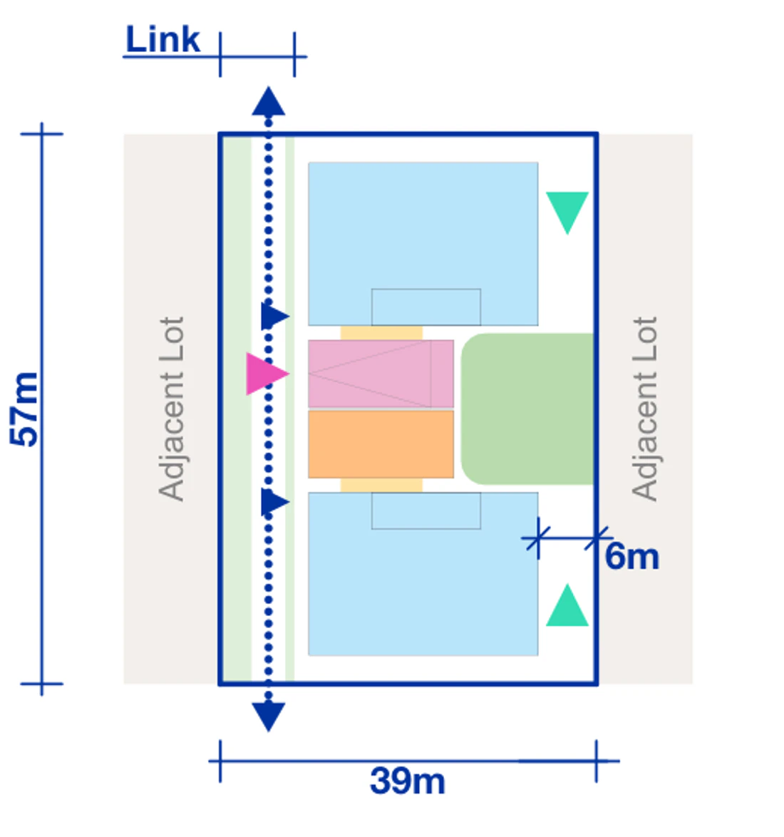 Large Lot Apartments 02 drawn as a four storey Rotation 2 half pattern on the smallest mid block, 39 by 57 metres, showing apartment blocks, terrace modules, courtyards, entries and the public link
