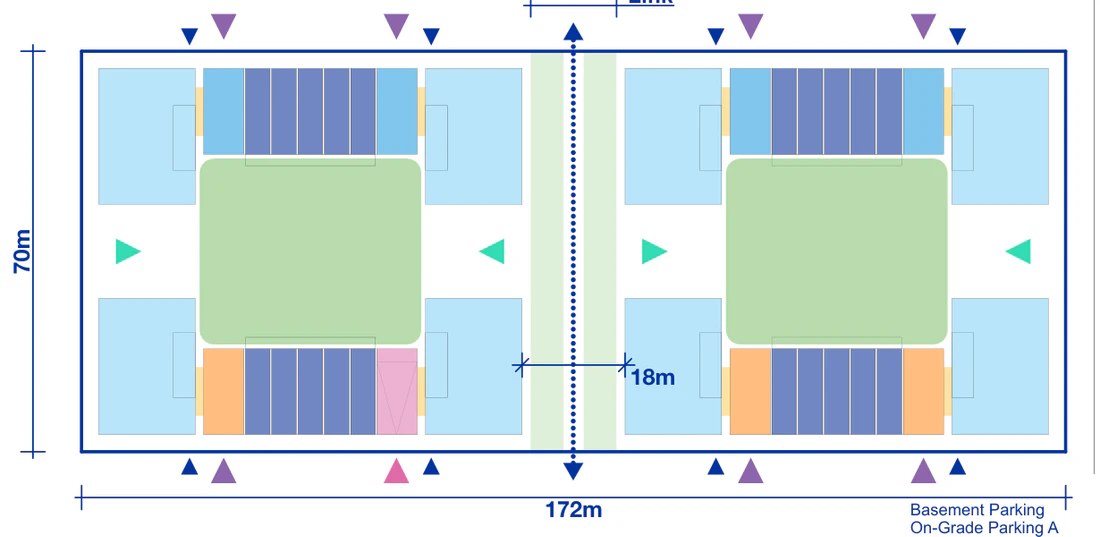 Large Lot Apartments 02 drawn as a six storey Rotation 1 double pattern across the largest full block of 172 by 70 metres, showing paired apartment blocks, terrace rows, courtyards and the public link