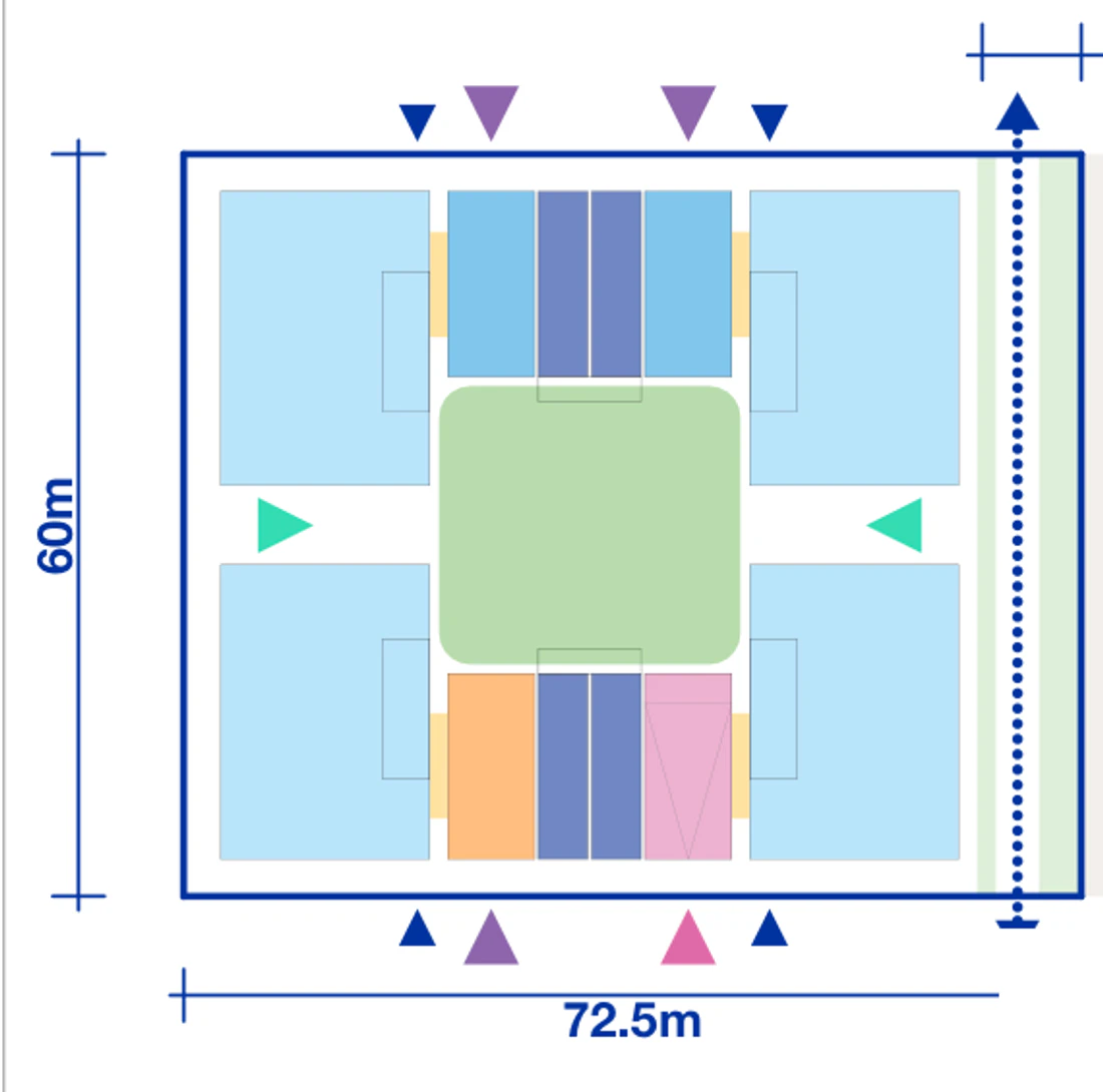 Large Lot Apartments 02 drawn as a six storey Rotation 1 base pattern across a half block of 72.5 by 60 metres, showing four corner apartment blocks, terrace rows, the communal courtyard and the public link