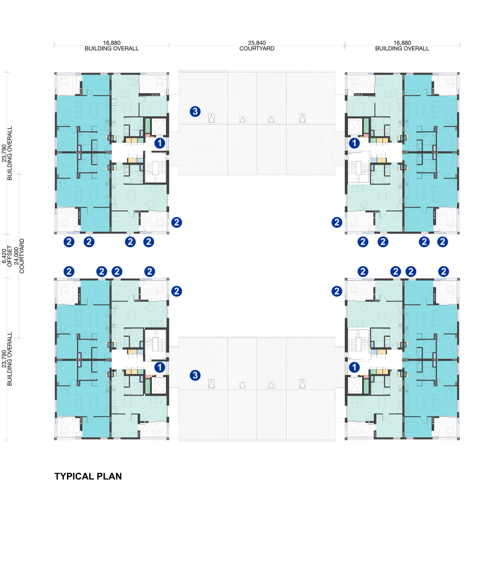 Typical apartment level of Large Lot Apartments 02 showing apartment layouts in four corner clusters around the open courtyard roofs, with lifts, stairs, balconies and circulation