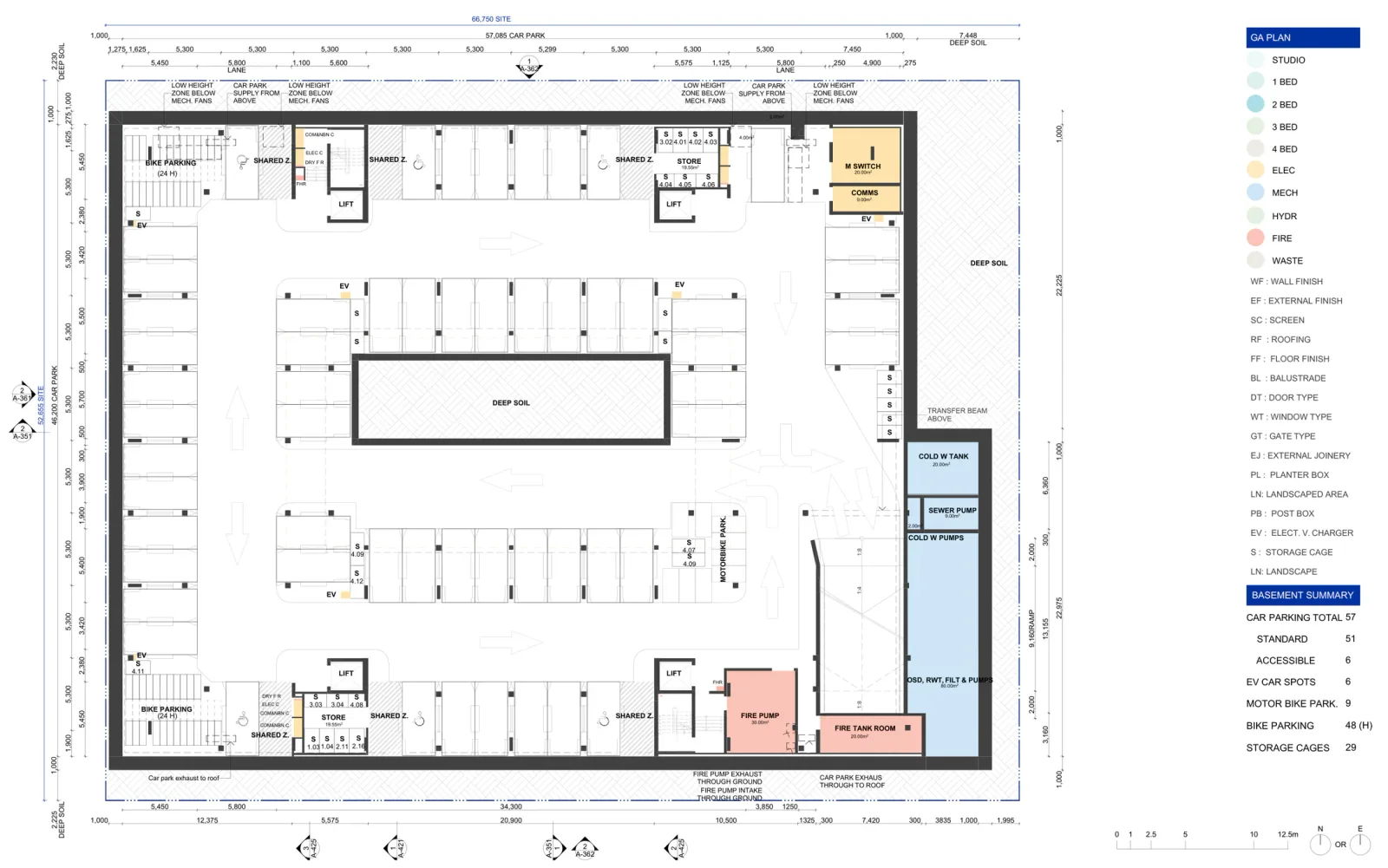 Basement plan showing the car park, the ramp, deep soil zones, bike parking, storage cages, motorbike spaces, lifts, fire pump and tank rooms, water tanks and sewer pumps