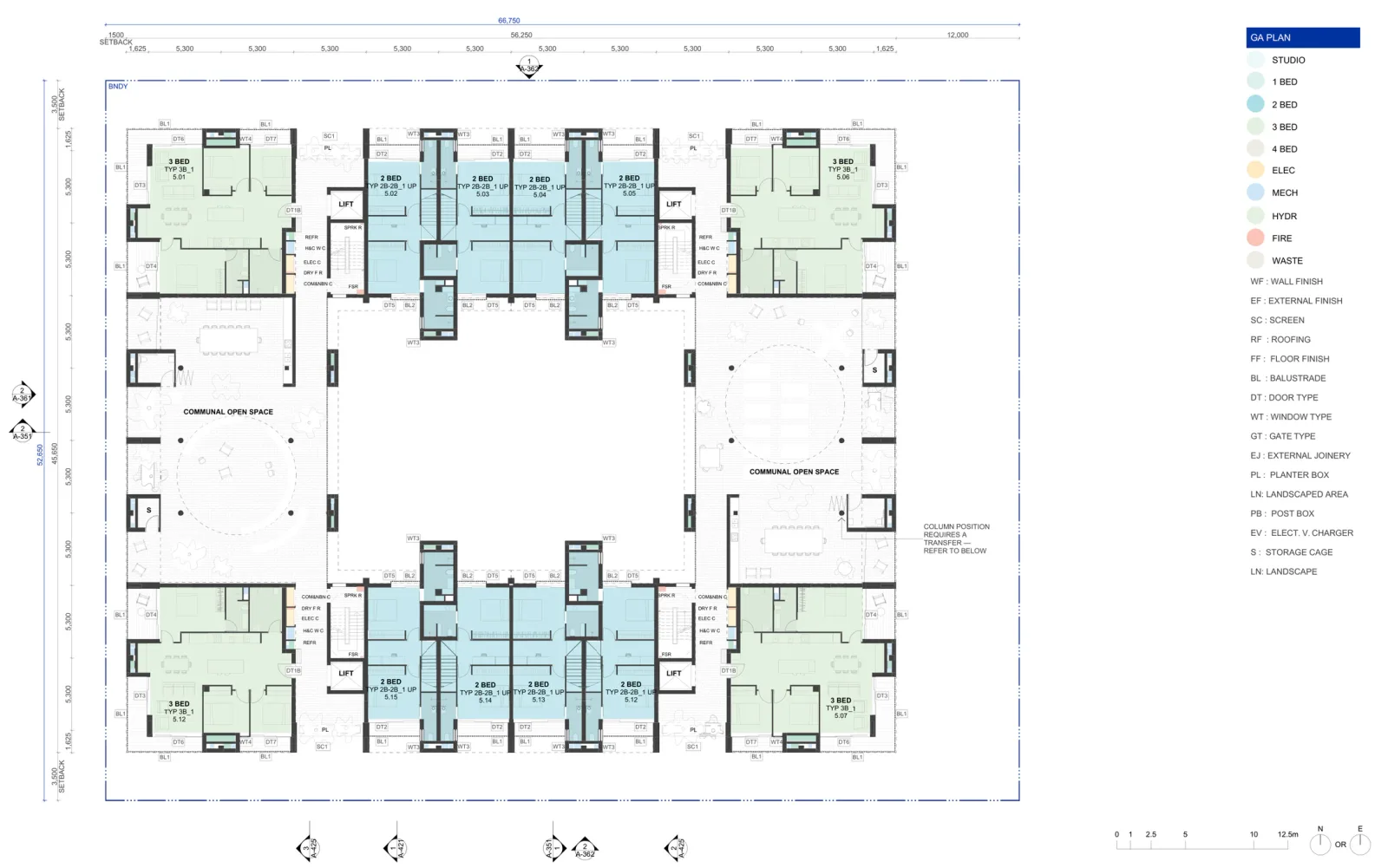 Level 5 plan for the six storey scheme, with four three bedroom corner apartments, the upper levels of the level 4 terrace apartments and two communal open space areas
