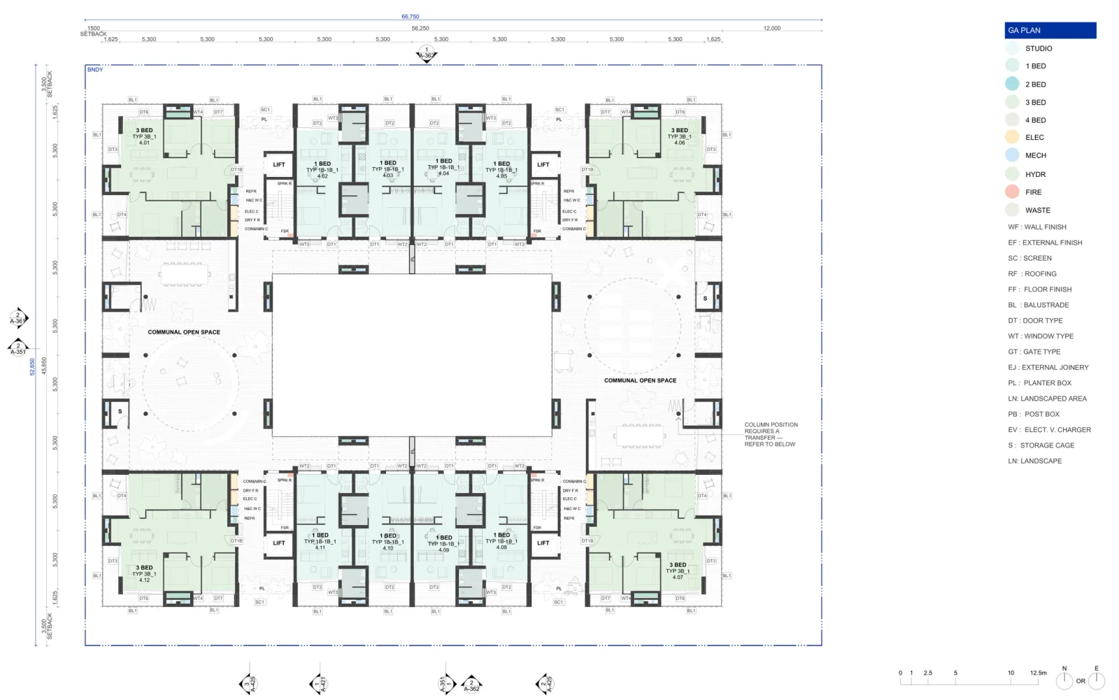 Level 4 plan for the five storey scheme, with four three bedroom corner apartments, eight one bedroom apartments and two communal open space areas facing the courtyard void