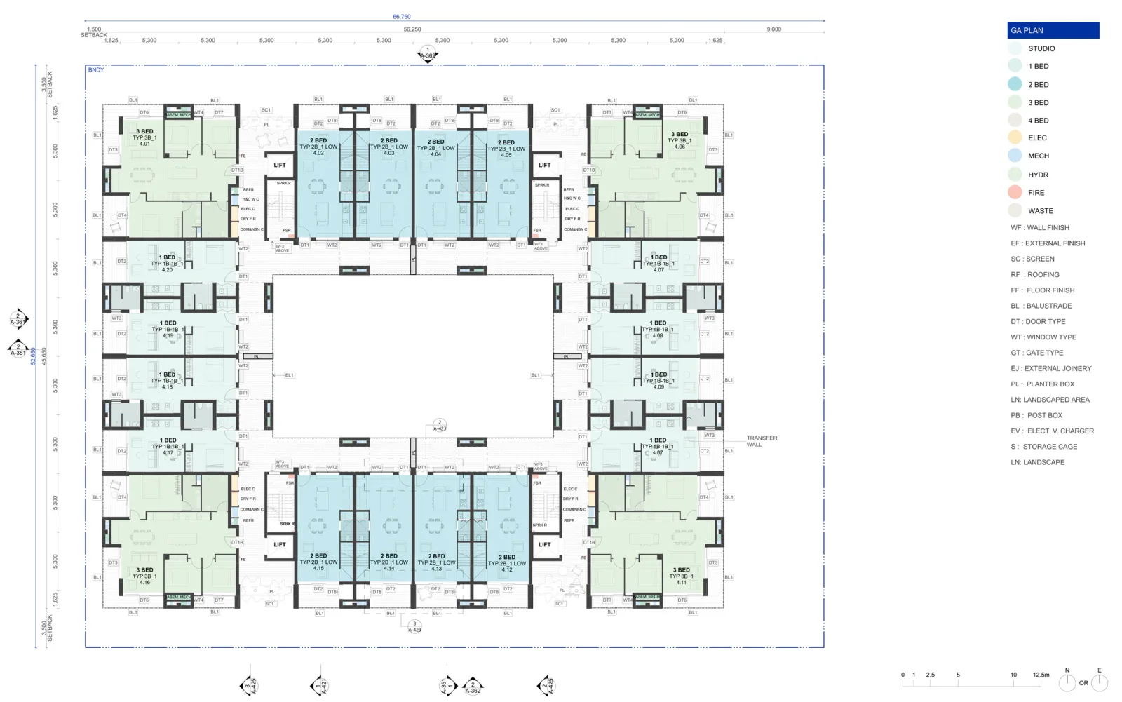 Level 4 plan for the six storey scheme, a full residential floor of four three bedroom corner apartments, eight one bedroom apartments and eight two bedroom terrace apartments around the courtyard void
