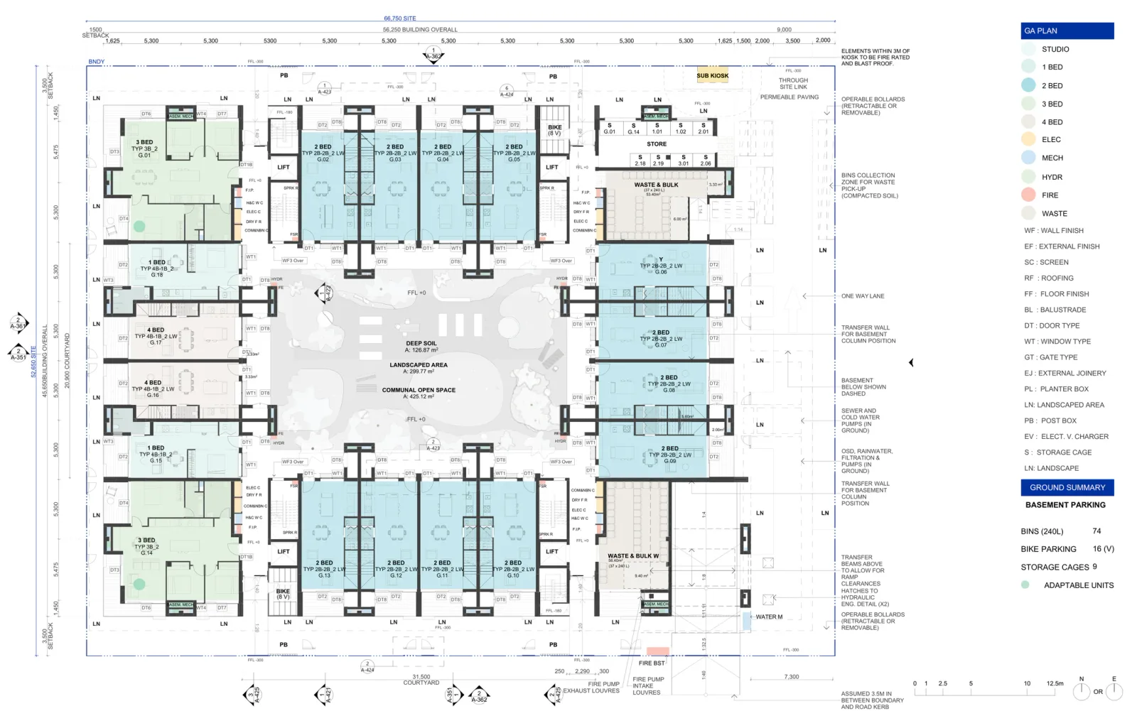 Ground floor plan for the basement parking option, with two three bedroom and two four bedroom corner apartments, two one bedroom apartments and twelve two bedroom terrace apartments around a courtyard at ground level, plus waste rooms, lifts and the through site link