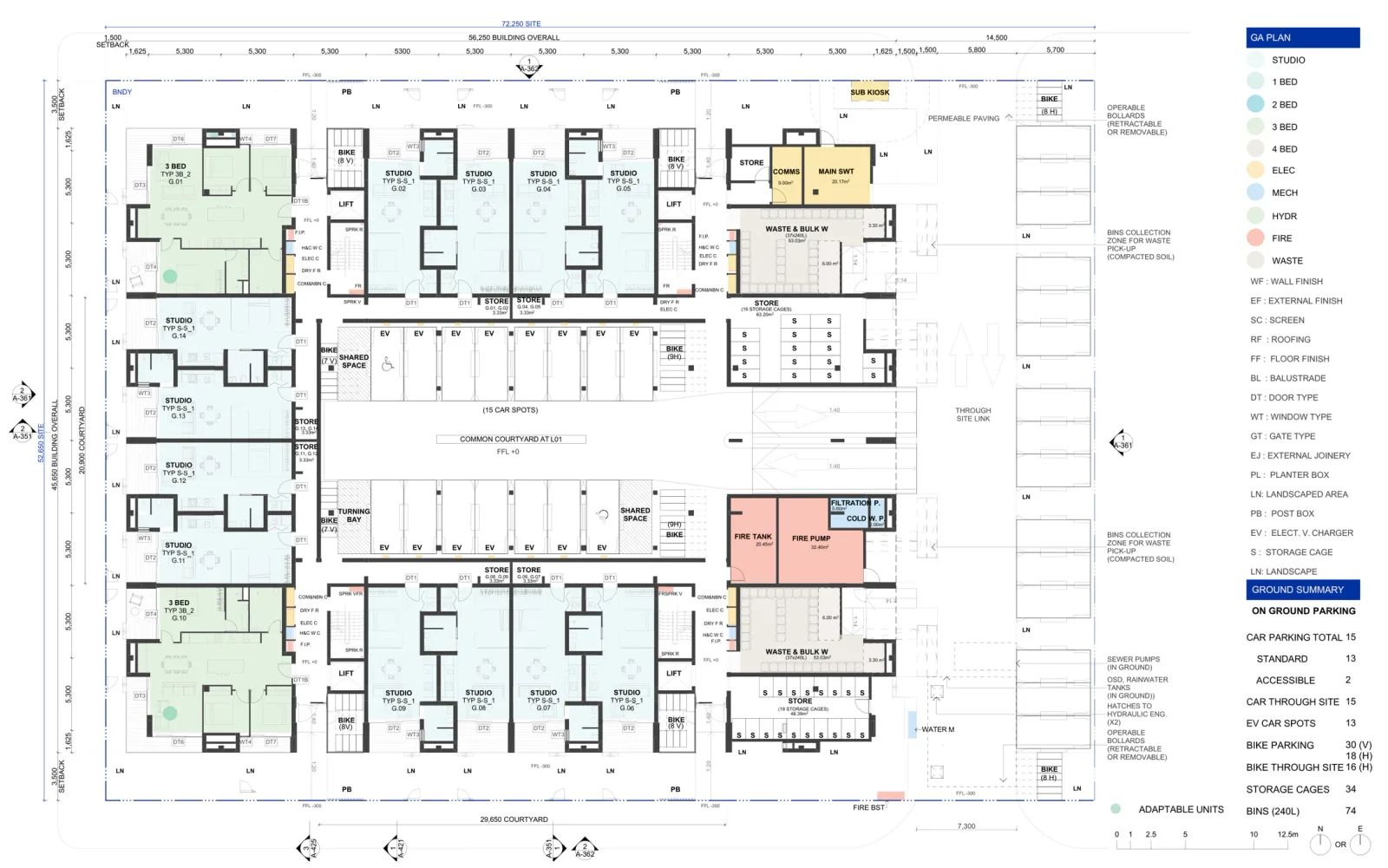 Ground floor plan for the on grade parking option, with twelve studios and two three bedroom corner apartments, fifteen car spaces with electric vehicle charging, a turning bay, waste and storage rooms, fire tank and pump rooms and the through site link