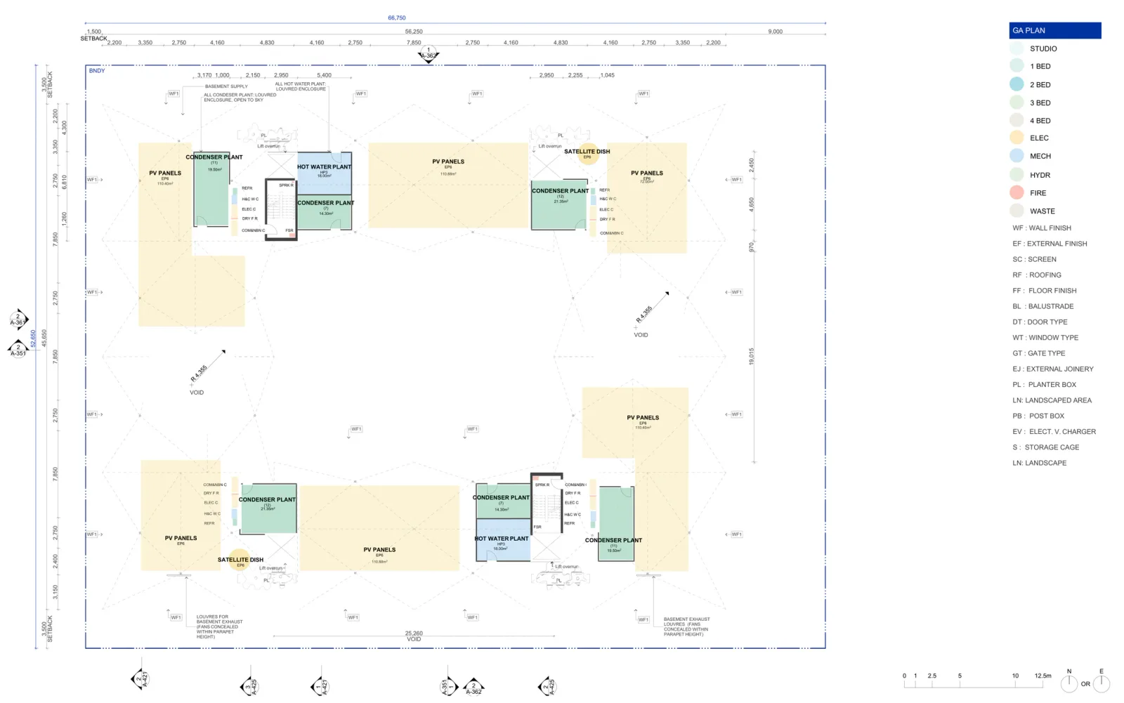 Roof plan showing photovoltaic arrays, condenser and hot water plant, satellite dishes, lift overruns, basement exhaust louvres, the open courtyard void and the boundary setbacks