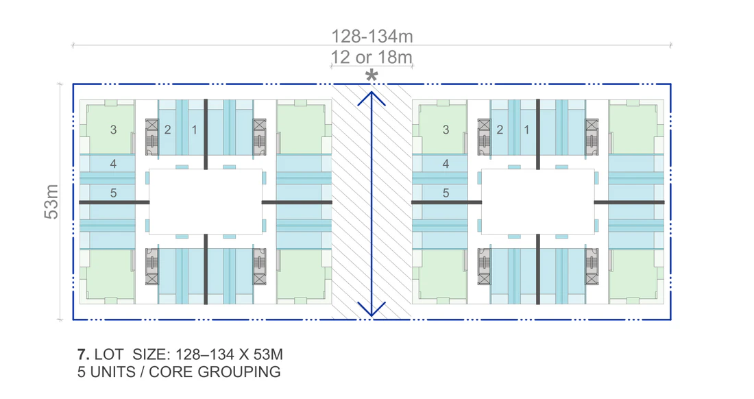 Official lot condition drawing for a site 128 to 134 metres wide by 53 metres deep, carrying two complete buildings either side of a 12 or 18 metre through site link, each with its own courtyard