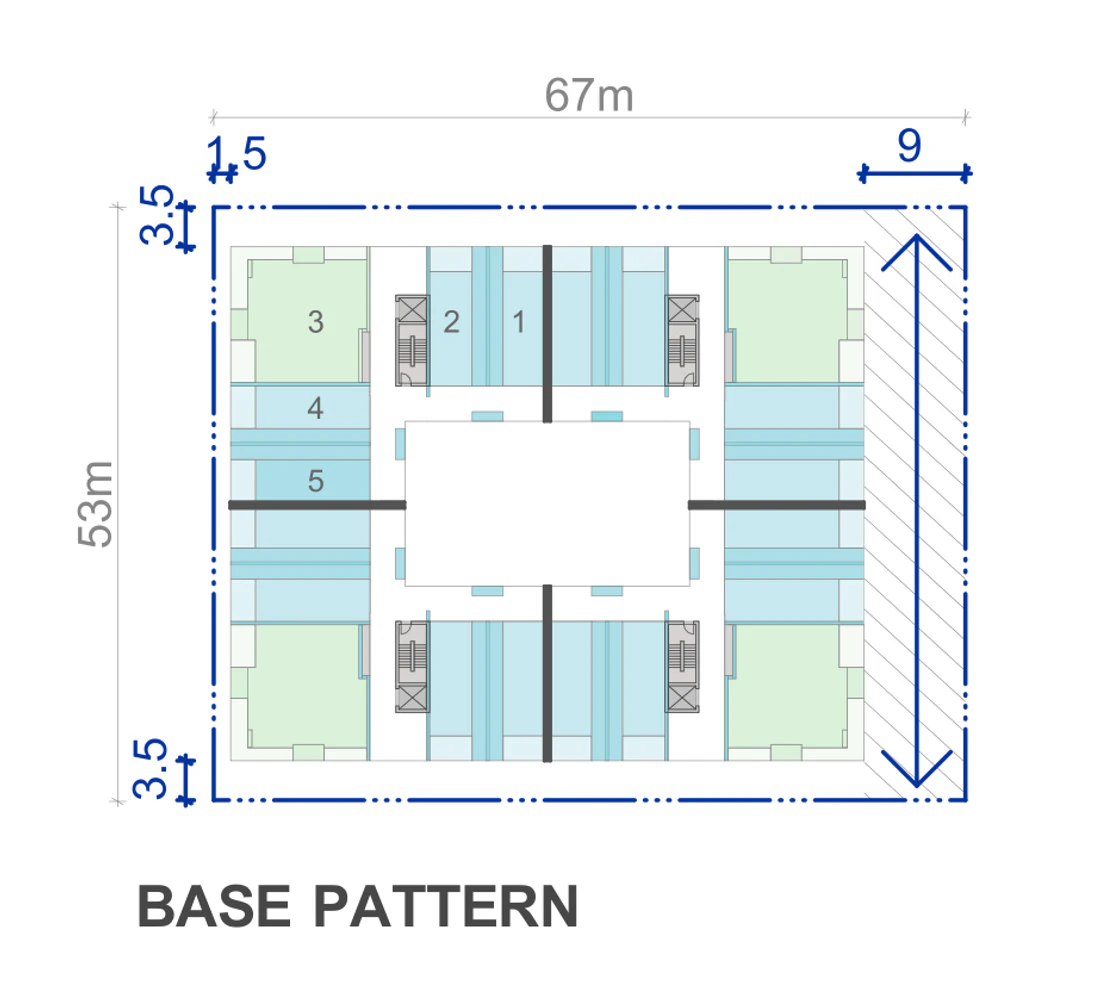 Official lot condition drawing for a 67 by 53 metre site of 3,551 square metres, with the 3.5 metre street setbacks, the 1.5 metre boundary setback, the 9 metre through site link, four corner apartments, the terrace rows between them and the central courtyard