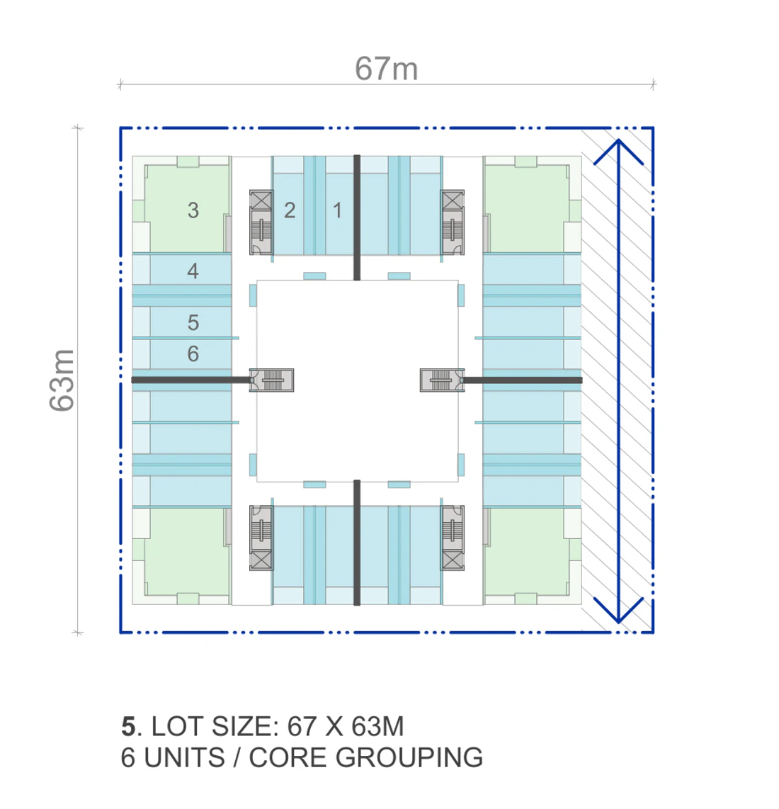 Official lot condition drawing for a 67 by 63 metre site of 4,221 square metres, the same frontage on a deeper lot, giving a larger central courtyard
