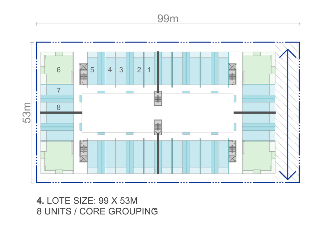 Official lot condition drawing for a 99 by 53 metre site of 5,247 square metres, the widest single building version, with longer terrace rows and a second stair on each side