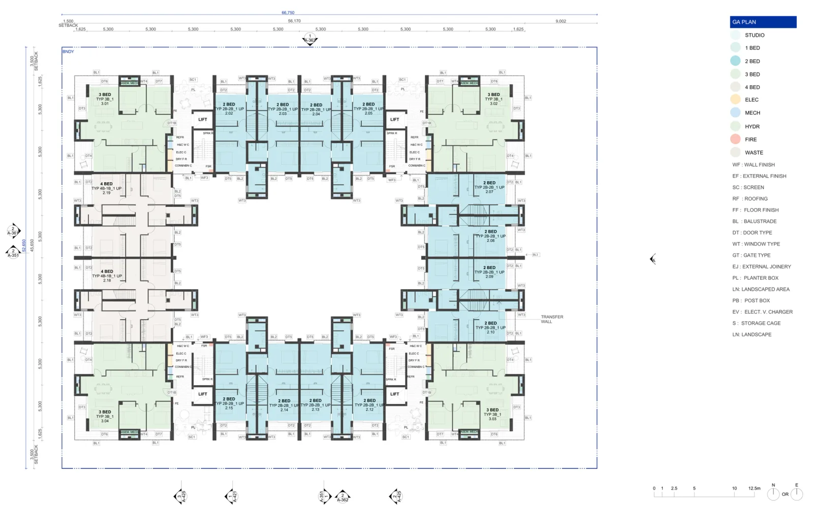 Level 3 plan with four new three bedroom corner apartments over the upper levels of the level 2 terrace and four bedroom apartments