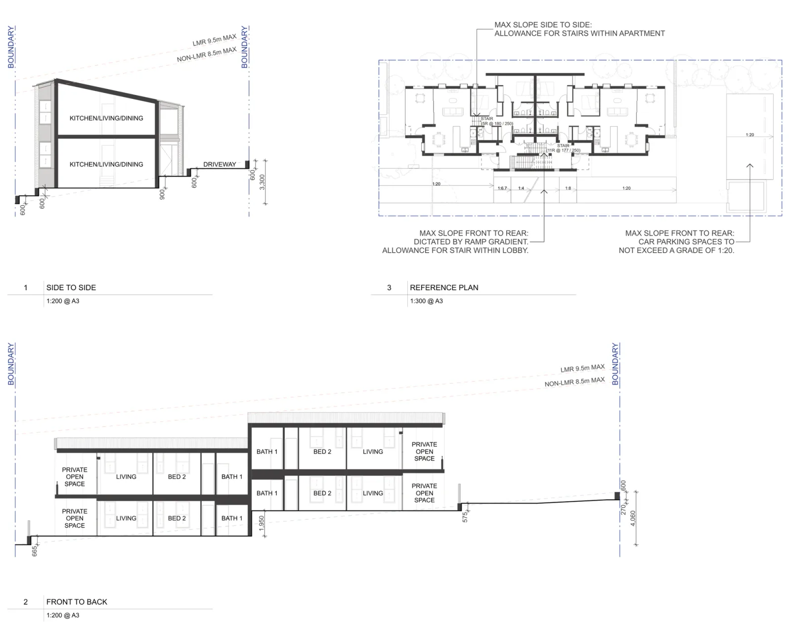 Slope adaptation sheet showing a side to side section with a 3.3 metre fall across the site, a front to back section with a 4.06 metre fall, and a reference plan noting the lobby stair, the stairs inside each apartment and that car parking must not exceed a grade of 1 in 20