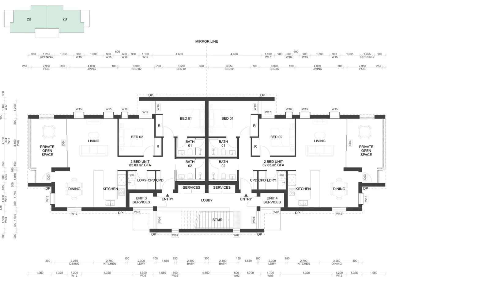 First floor plan of the base pattern showing the two upper 82.83 square metre 2 bedroom apartments reached from the central stair, each with two bathrooms and a deep covered balcony under the raked ceiling