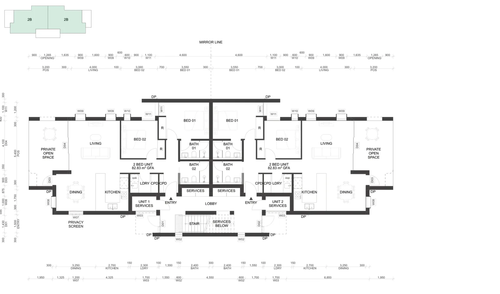 Ground floor plan of the base pattern showing two mirrored 82.83 square metre 2 bedroom apartments either side of the central lobby and stair, each with living, dining and kitchen, a laundry, two bathrooms and a private open space of 5.4 by 3.2 metres