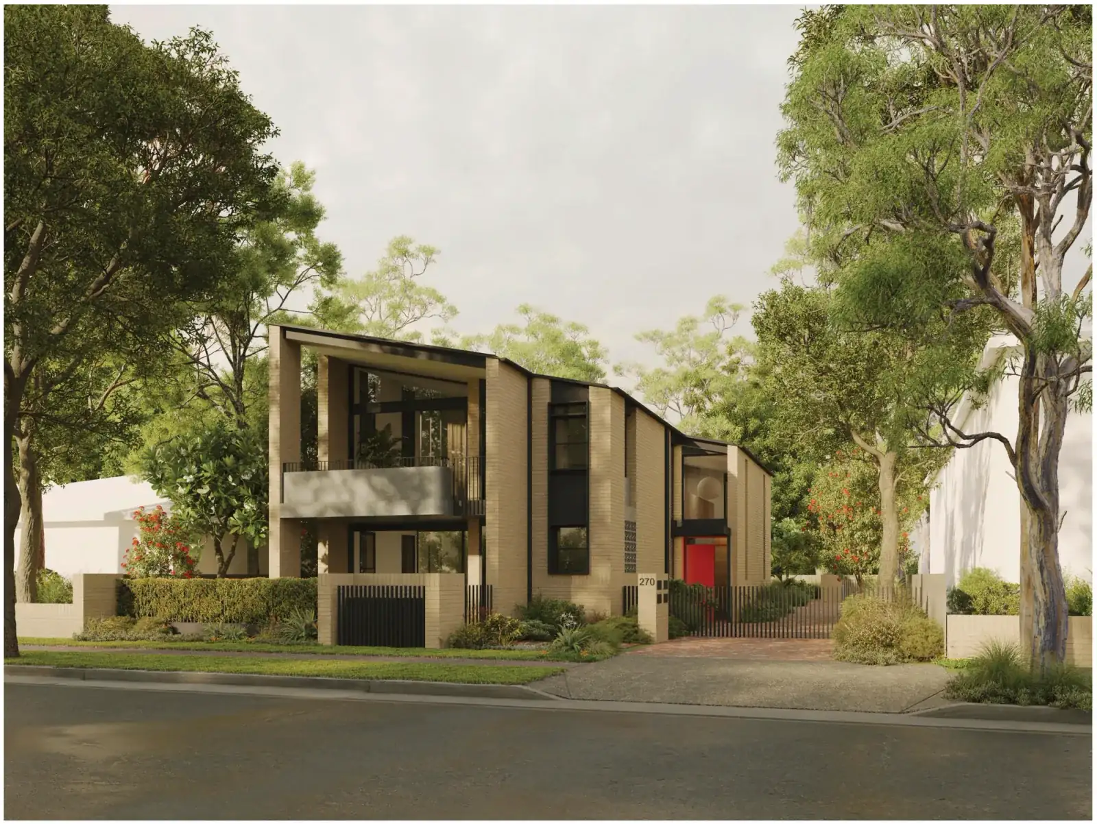 Render of the design in material palette 01, the whole building in cream Simmental Silver brick with dark Monument metal window frames, a concrete balcony profile, steel rod balustrades and a cream brick front fence
