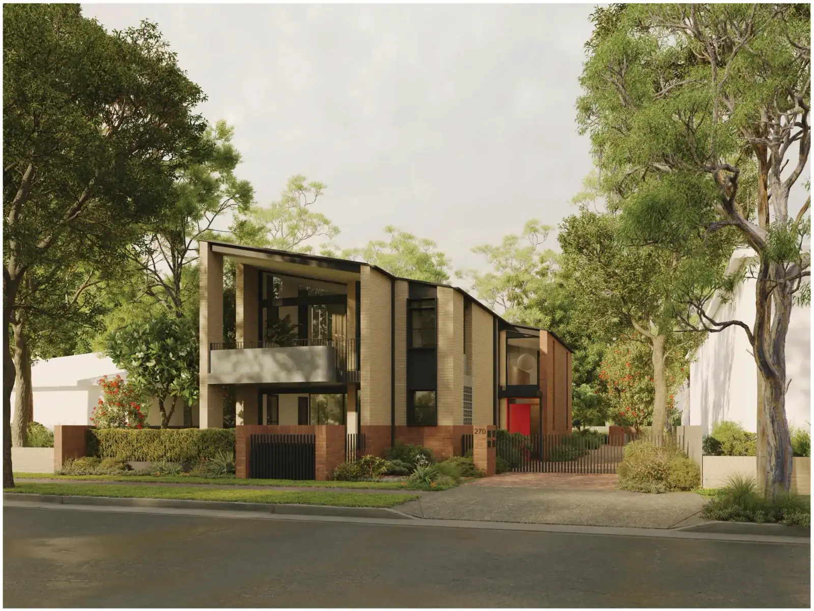 Render of the design in material palette 02, the main brick mass in cream Simmental Silver brick with the entry wing, base and front fence in Gertrudis Brown brick, dark metal frames and a red front door