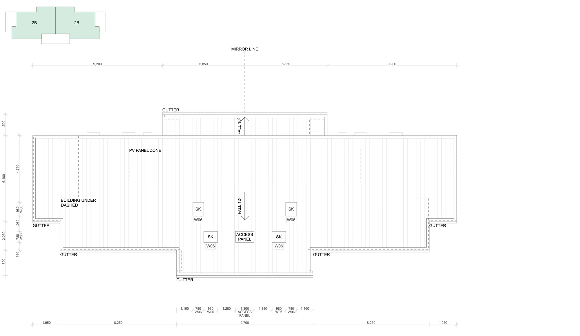 Roof plan of the base pattern showing the single skillion roof falling 12 degrees, the raised lobby roof falling 15 degrees, the photovoltaic panel zone, four skylights over the internal bathrooms, the roof access panel and the gutters