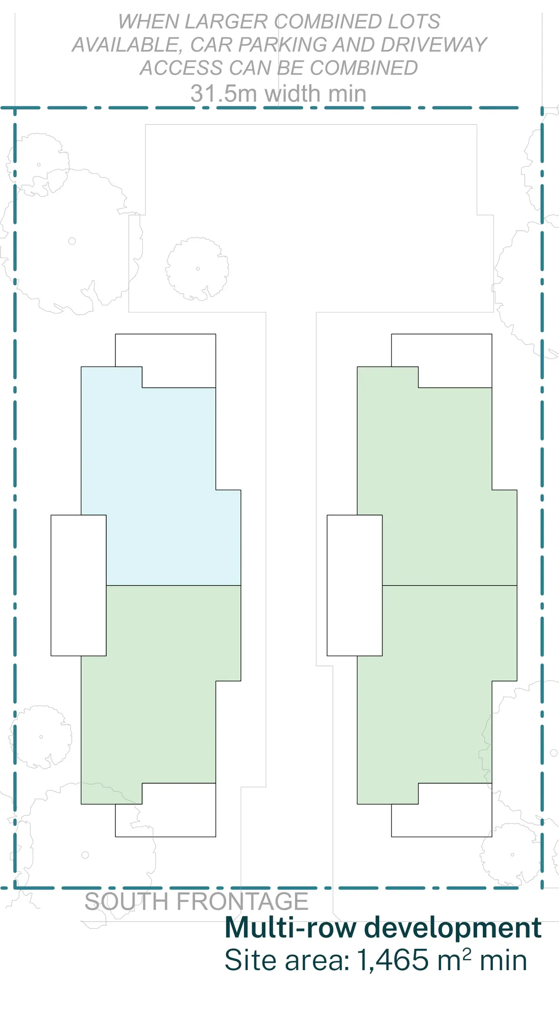 Official siting sheet for a combined lot in a multi row development outside an LMR housing area, at least 31.5 metres wide, drawn with two complete buildings side by side sharing combined parking and driveway access