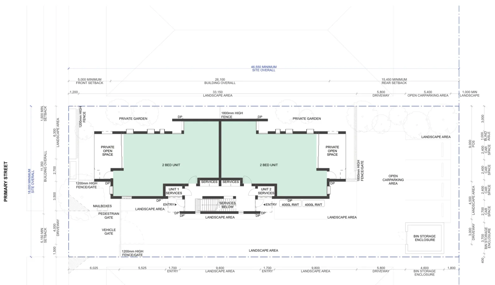 Site plan for sites outside LMR housing areas showing the same building on an 18 by 46.55 metre lot, with a 5 metre front setback, a driveway down one side and a four space car park in the 15.45 metre rear setback