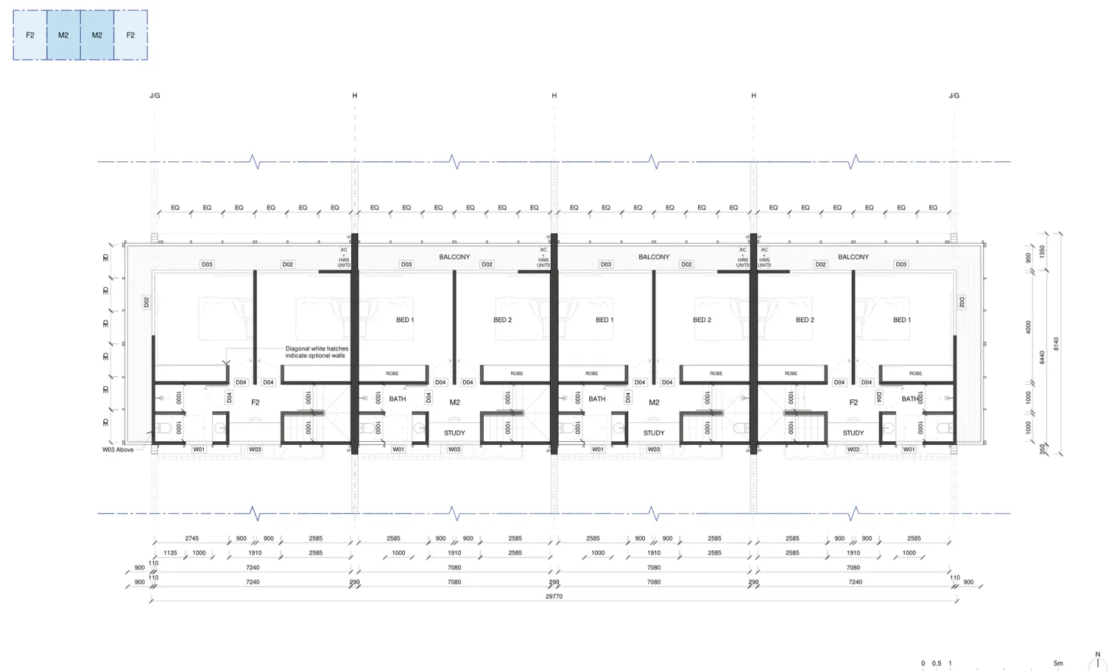 Row Homes 01 first floor plan A-304 of the base pattern, two bedrooms with robes in each of the four homes, a bathroom, a study nook, the stair, and the balcony that wraps the garden side with air conditioning and hot water plant