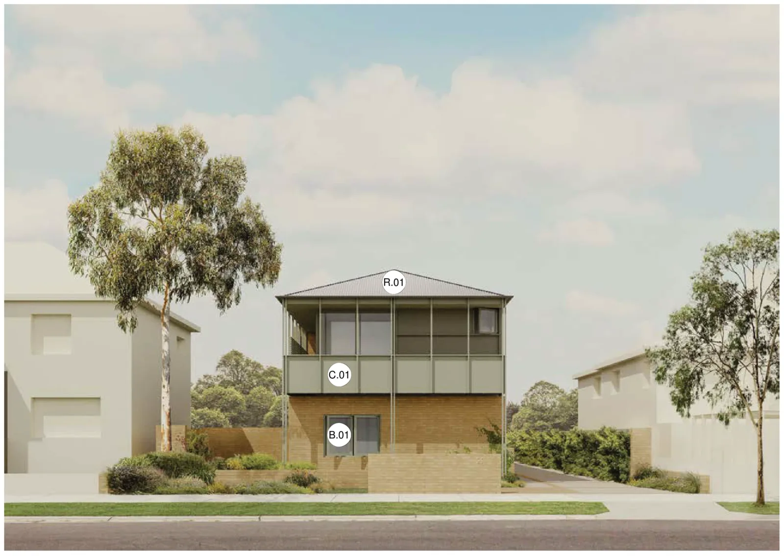 Row Homes 01 street facade in palette 01, a sand coloured face brick ground floor and garden walls, olive green painted cladding, battens, screens and window frames to the first floor balcony, and a dark grey metal roof