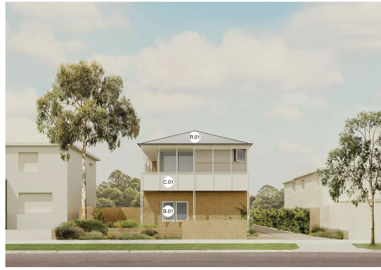 Row Homes 01 street facade in palette 02, a sand coloured face brick ground floor and garden walls, off white painted cladding, battens, screens and window frames to the first floor balcony, and a dark grey metal roof