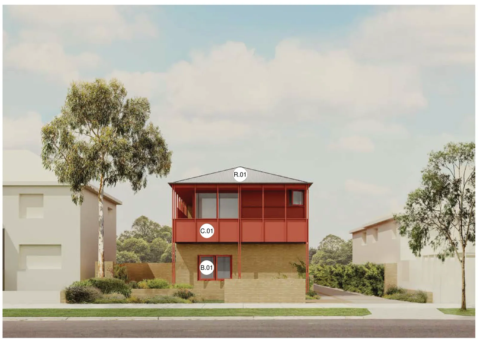 Row Homes 01 street facade in palette 03, a sand coloured face brick ground floor and garden walls, deep red painted cladding, battens, screens, columns and window frames to the first floor balcony, and a dark grey metal roof