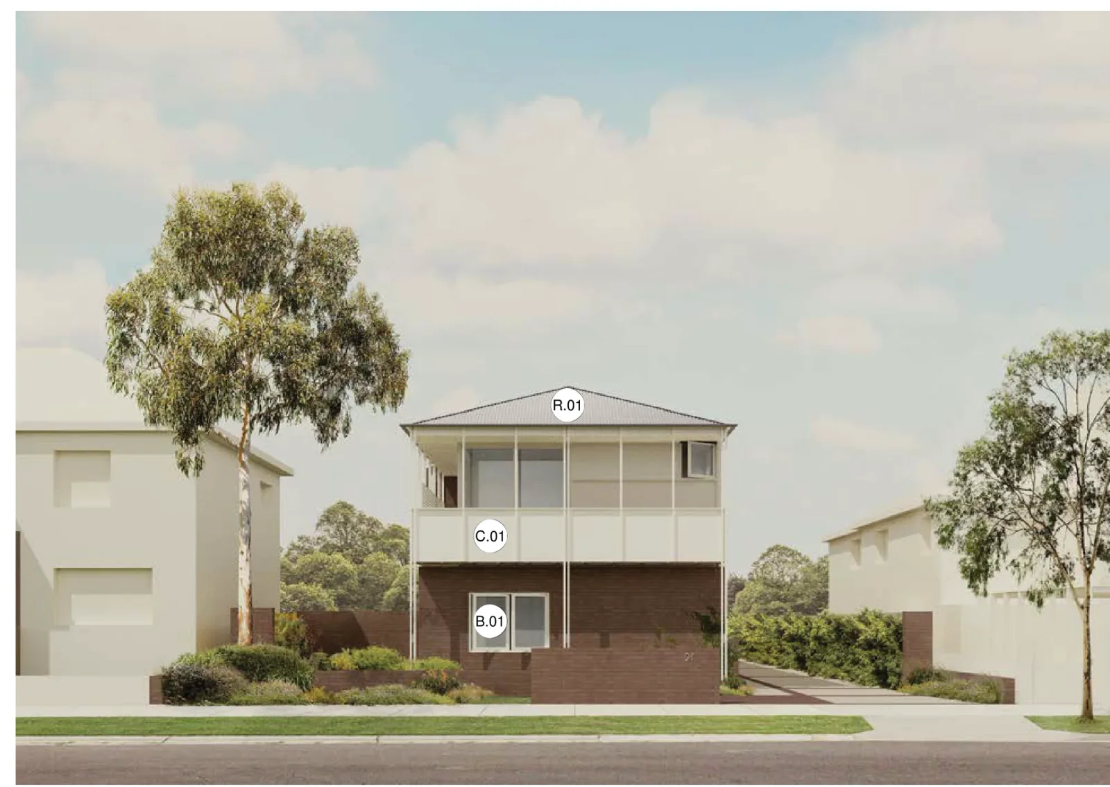 Row Homes 01 street facade in palette 04, a dark red brown face brick ground floor and garden walls, off white painted cladding, battens, screens and window frames to the first floor balcony, and a dark grey metal roof