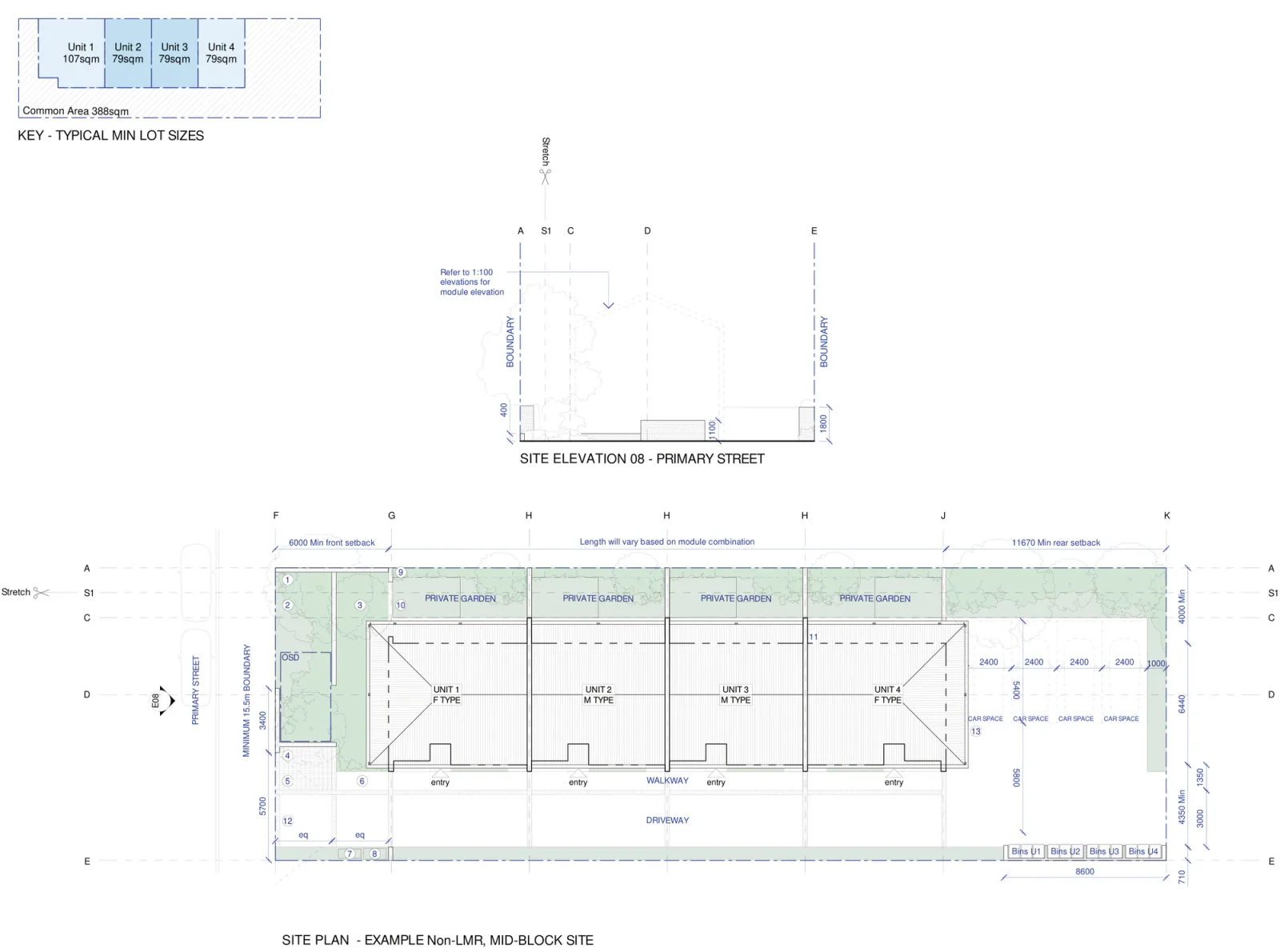 Row Homes 01 site plan A-302 for a site outside a low and mid rise housing area, a 735 square metre mid block site with a 6 metre front setback, an 11.67 metre rear setback, the same four home row, a rear driveway with four car spaces, bin stores and the walkway past the entries