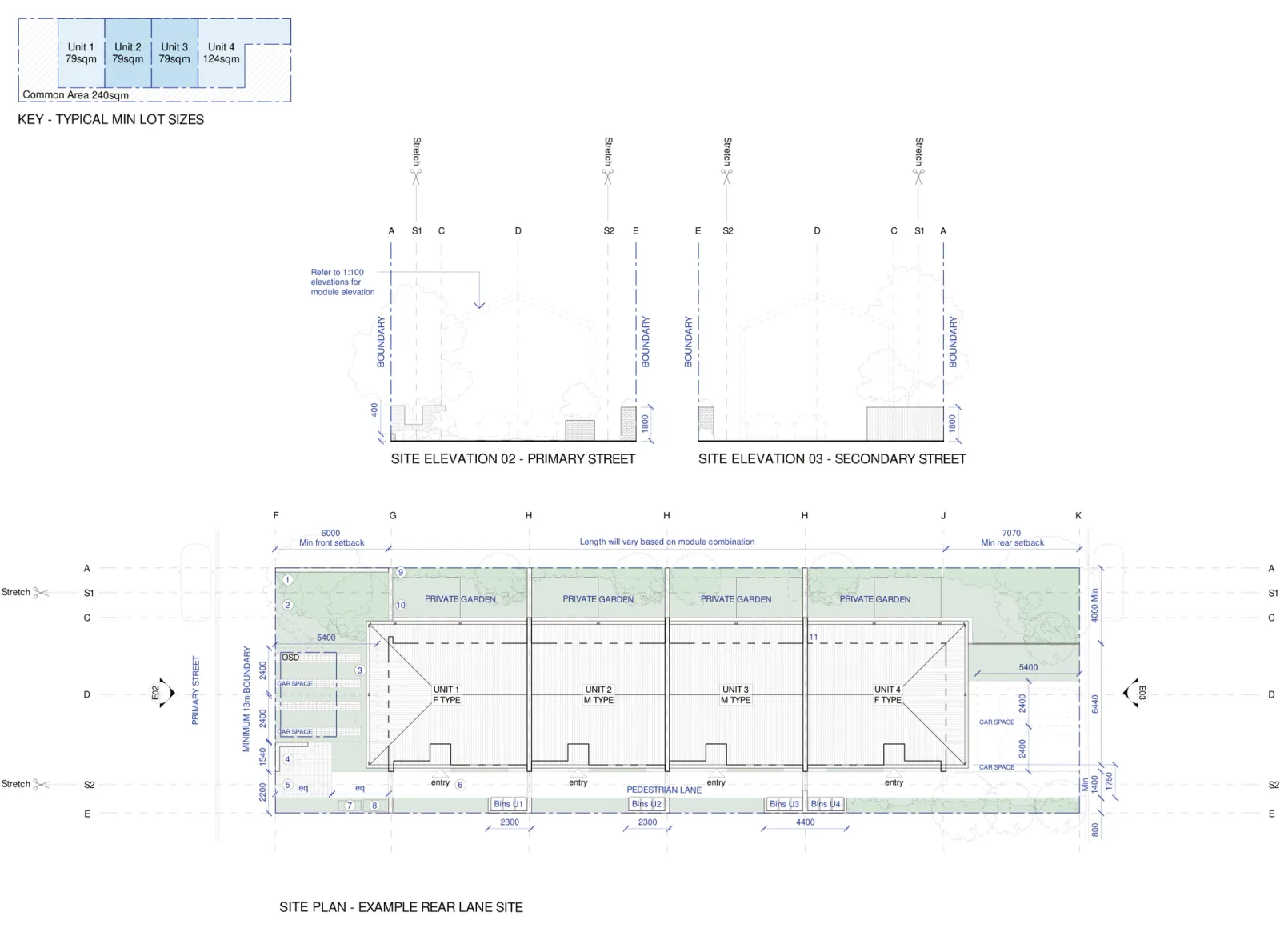 Row Homes 01 adaptation site plan A-321 for a rear lane site, a 555 square metre site showing both street elevations, car spaces taken off the lane at the rear, the pedestrian lane past the entries and the private gardens on the other side of the row
