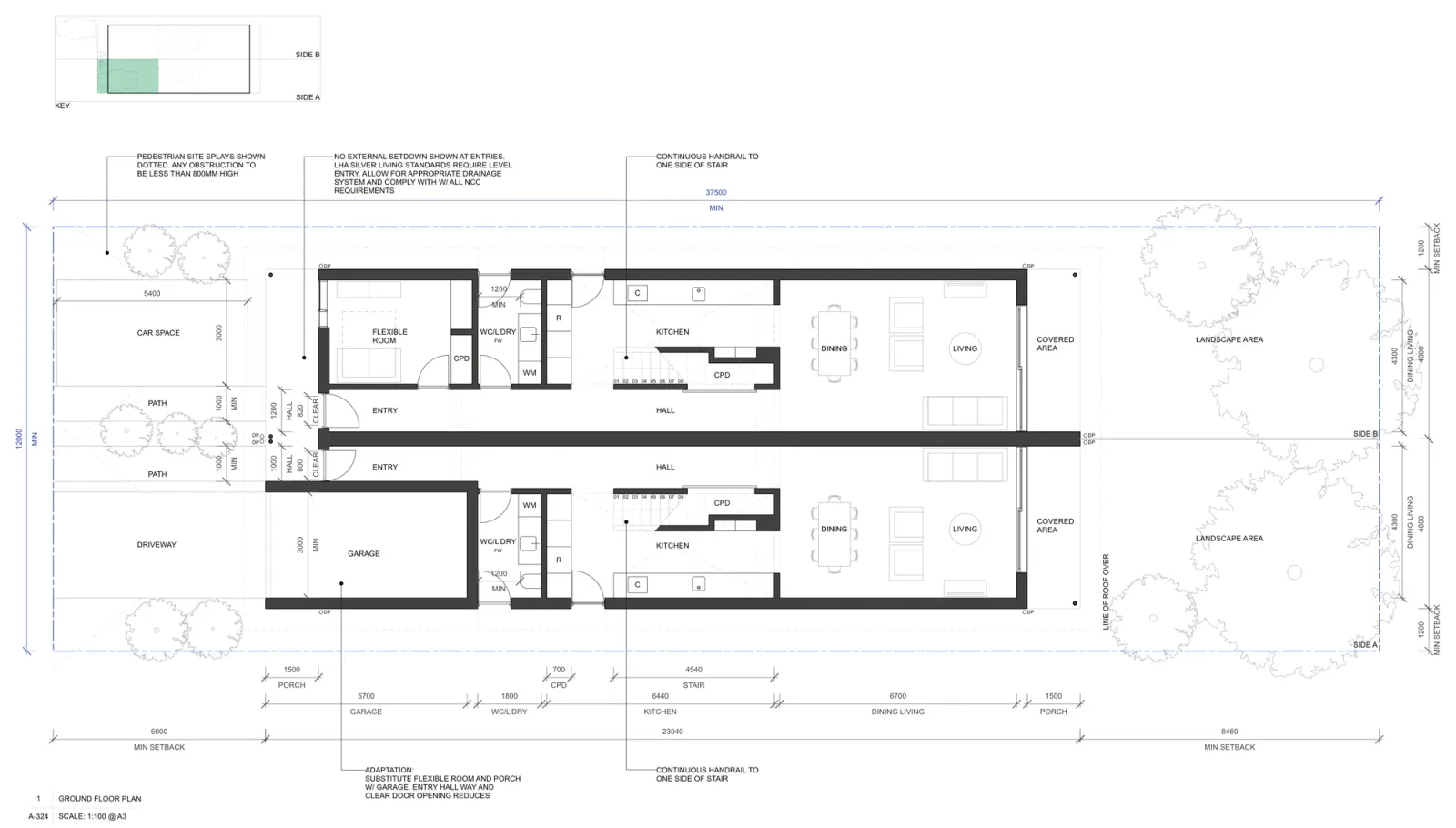 Ground floor adaptation sheet substituting the flexible front room and porch of one home with a 5.7 metre enclosed garage, which narrows the entry hall and the clear door opening of that home