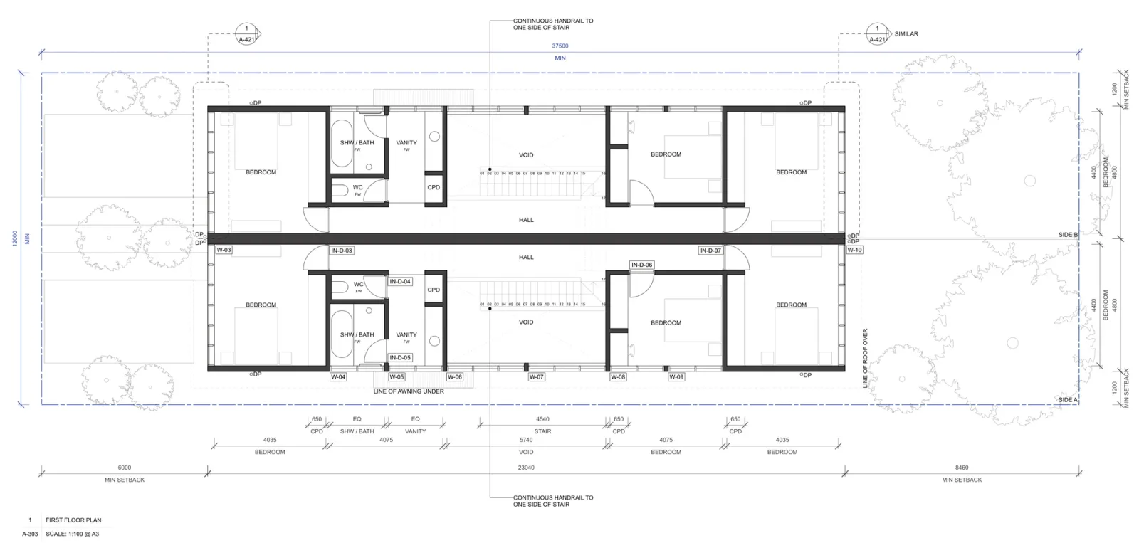 First floor plan of the pair inside a low and mid rise housing area, three bedrooms in each home off a short hall, a three way bathroom split into shower and bath, separate WC and vanity, and the double height void open over the kitchen below