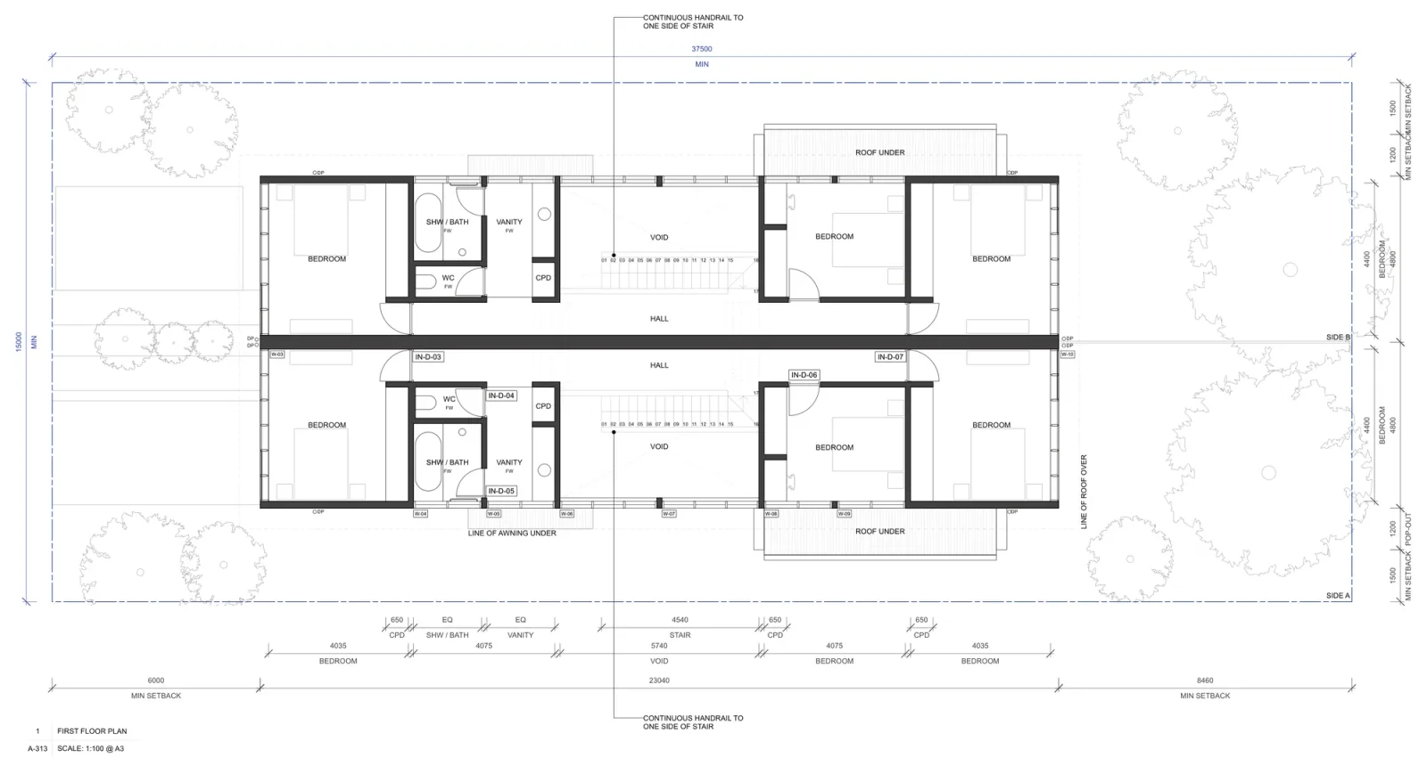 First floor plan of the pair outside a low and mid rise housing area, three bedrooms in each home, the split bathroom and separate WC, the double height void over the kitchen and the roofs of the pop out windows below