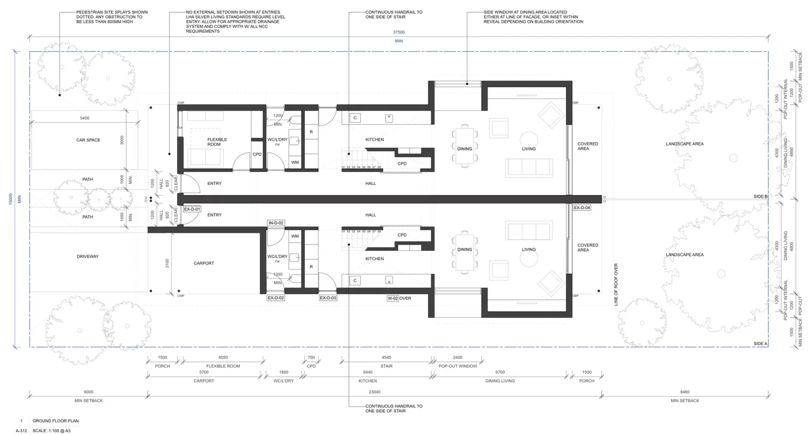 Ground floor plan of the pair outside a low and mid rise housing area, one home keeping the flexible front room and the other taking a 5.7 metre undercover carport, with dining and living widened and pushed out by a 2.4 metre pop out window on each side