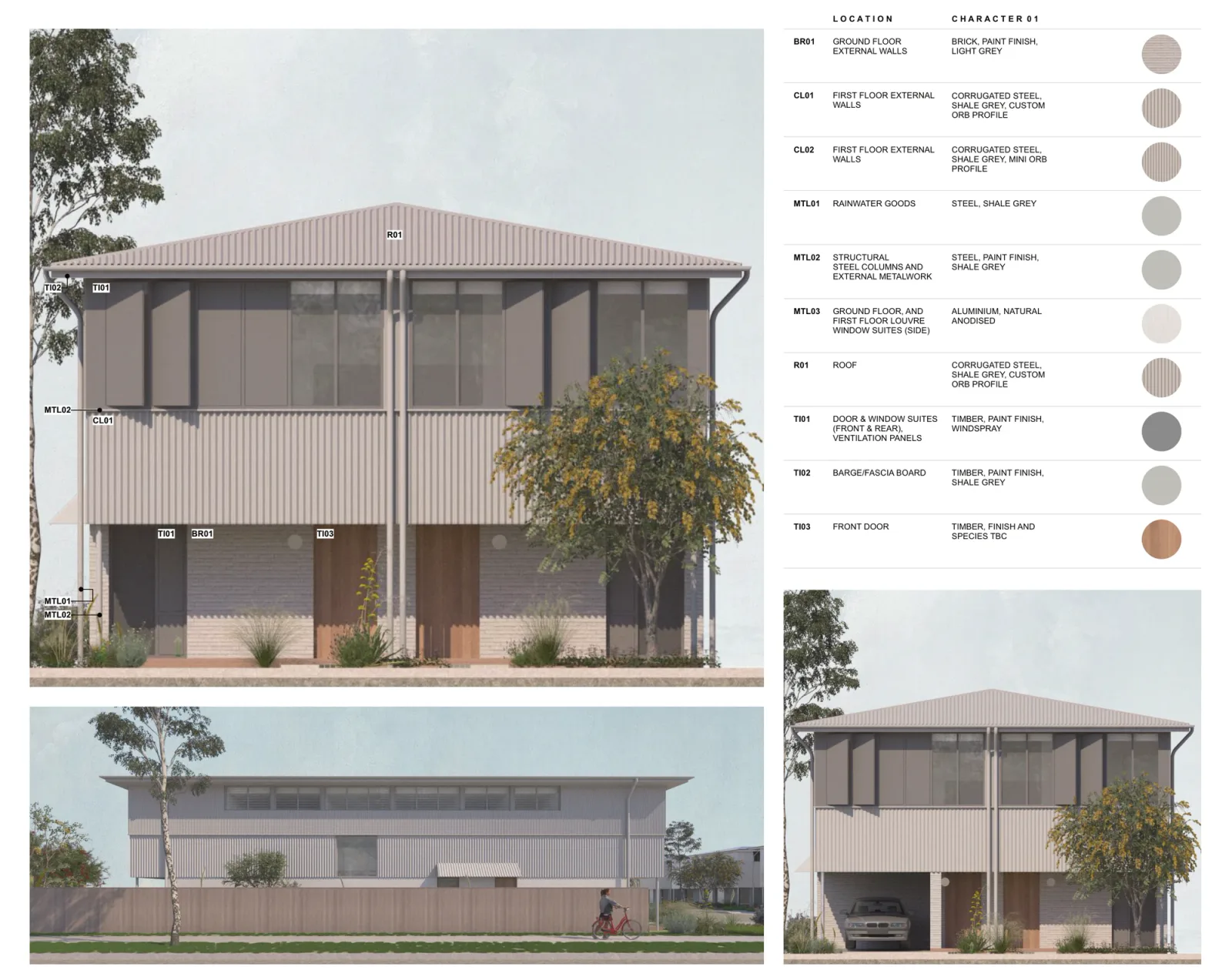 Character palette 01 on the front, side and carport elevations, light grey painted brick to the ground floor, shale grey corrugated steel walls and roof above, shale grey columns and metalwork, natural anodised aluminium louvres and windspray painted timber window suites