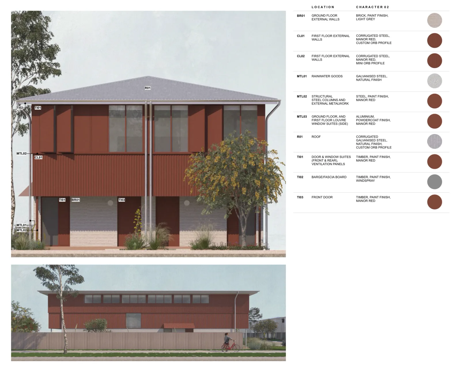 Character palette 02 on the front and side elevations, light grey painted brick to the ground floor, manor red corrugated steel walls, a natural galvanised roof and rainwater goods, manor red columns and powdercoated louvres, and manor red painted timber windows and front door