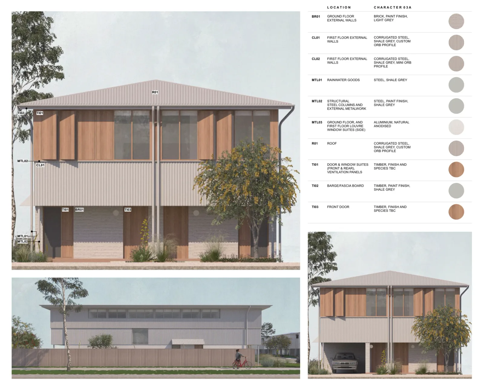 Character palette 03A on the front, side and carport elevations, light grey painted brick to the ground floor, shale grey corrugated steel walls and roof, shale grey metalwork, natural anodised louvres and natural timber window suites, shutters and front door