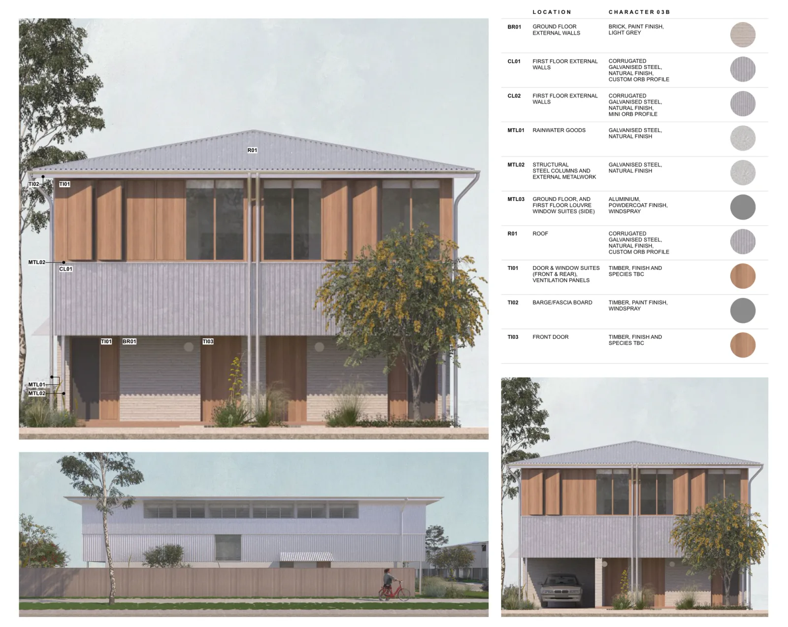 Character palette 03B on the front, side and carport elevations, light grey painted brick to the ground floor, natural galvanised corrugated steel walls and roof, galvanised metalwork, windspray powdercoated louvres and natural timber window suites, shutters and front door