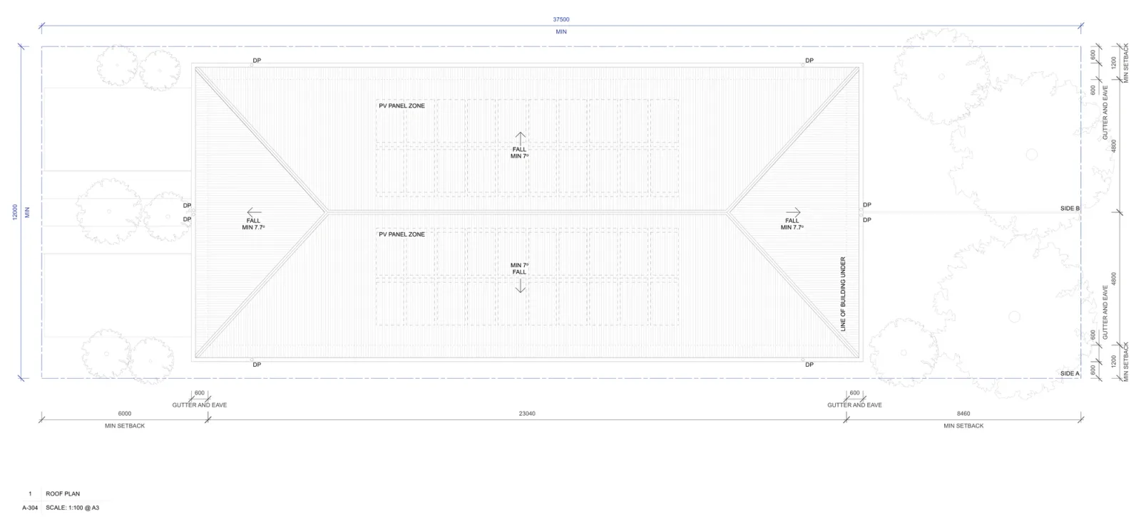 Roof plan of the pair inside a low and mid rise housing area, one hipped roof over both homes falling at a minimum of 7 degrees, 600 millimetre eaves and gutters all round, downpipes at the corners and solar panel zones marked either side of the ridge
