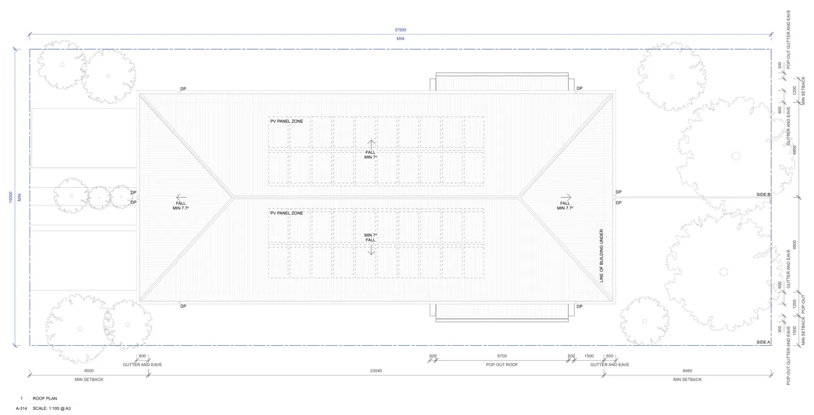Roof plan of the pair outside a low and mid rise housing area, the single hipped roof over both homes with 600 millimetre eaves, separate small roofs over the pop out windows on each side, downpipes and the solar panel zones