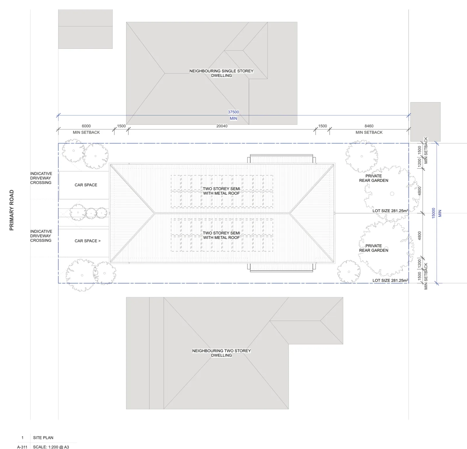 Official site plan for a lot outside a low and mid rise housing area, a 15 metre by 37.5 metre block with the same 6 metre front setback and 8.46 metre rear garden, side setbacks widened to 1.5 metres, two car spaces off the street and a subdivision line down the party wall