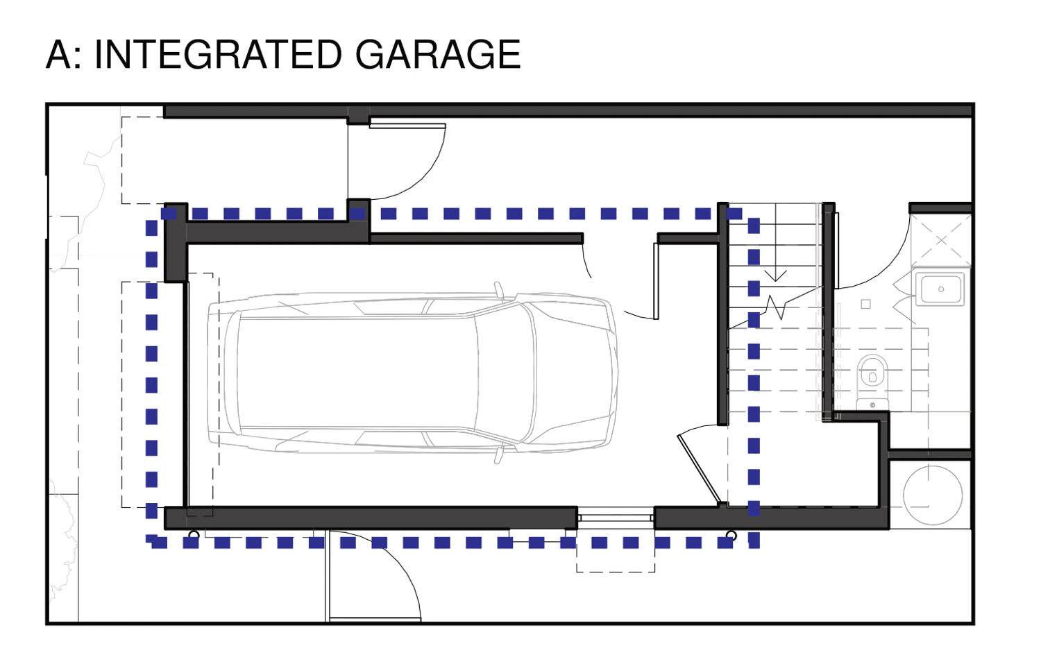 Ground floor adaptation A for Semis 02, the front room of one home built as an integrated garage with a car space reached from the driveway and a door into the hall beside the stair