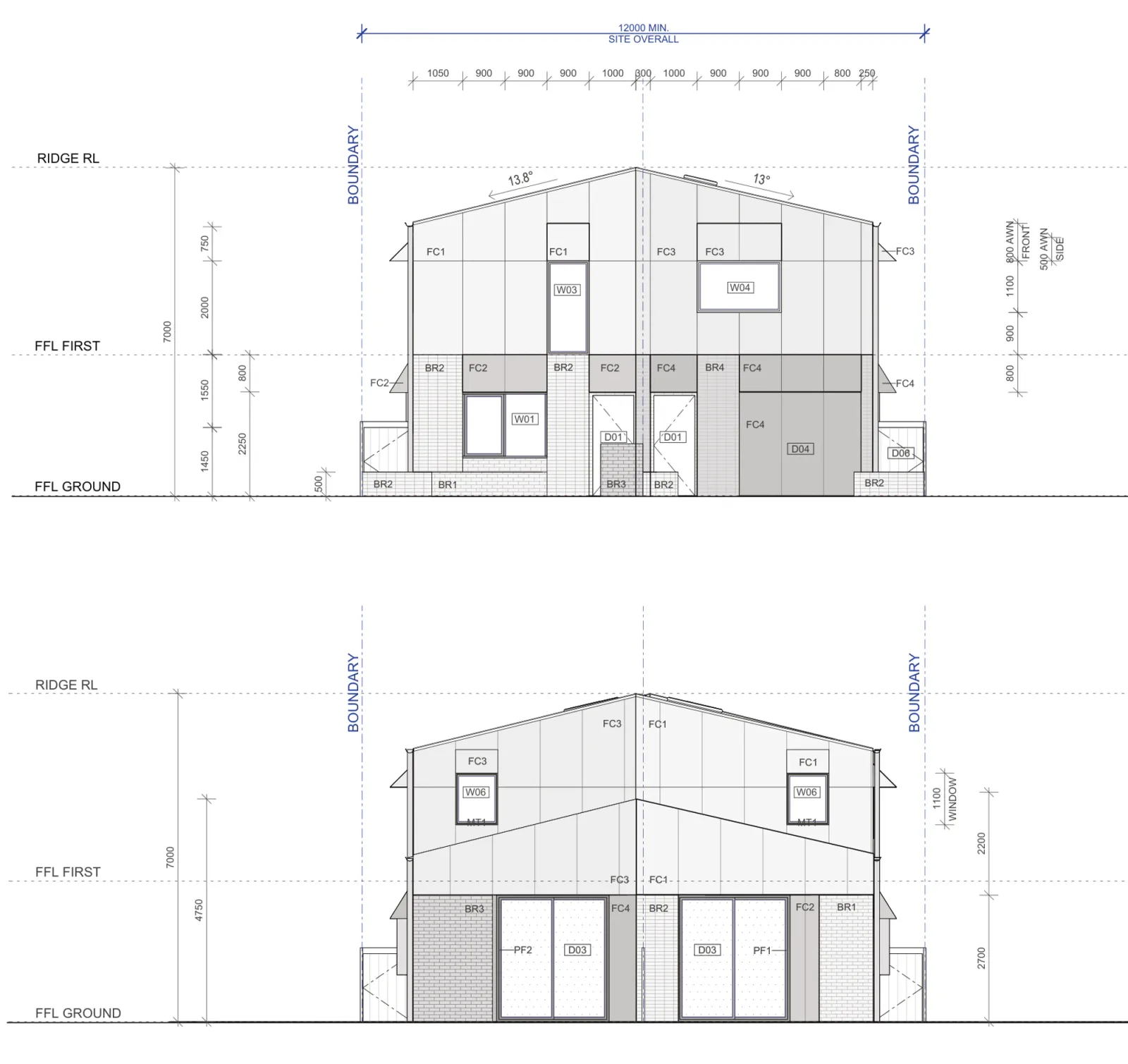 Front and rear elevations A-341 for Semis 02, showing the 7 metre ridge above ground floor level, the 13.8 and 13 degree pitches, the step in the street facade between the two homes, the brick ground floor, the painted sheet upper floor, two colours and the sculptural hoods over the windows and doors
